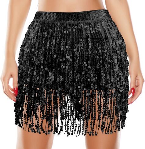 Lusofie Tassel Skirt Sequins Belly Dance Hip Skirt Sparkle Skirt Fringe Rave Skirt Space Cowgirl Outfit for Women and Girls in Kuwait