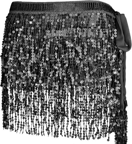 Lusofie Tassel Skirt Sequins Belly Dance Hip Skirt Sparkle Skirt Fringe Rave Skirt Space Cowgirl Outfit for Women and Girls in Kuwait