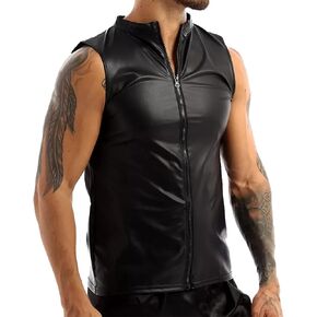 SEAUR Men's Shiny Patent Leather Jacket Casual Slim Fit Leather Muscle Tank Top T-Shirts Nightclub Party Clubwear