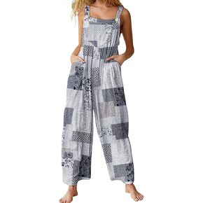 YESNO Jumpsuits for Women Casual Loose Summer Rompers Boho Floral Adjustable Straps Wide Leg Overalls with Pockets PQ2CR