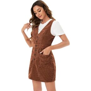 Floerns Women's V Neck Sleeveless Corduroy Button Pinafore Overall Mini Dress