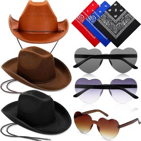 Geyoga 9 Pieces Adult Cowboy Hat with Cowboy Bandana & Glasses for Western Costume Dress Accessory for Men Women