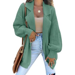 DEEP SELF Women Casual Long Sleeve Collared Open Front Knit Cardigan Button Down Ribbed Sweater Cardigan with Pockets