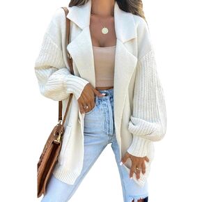 DEEP SELF Women Casual Long Sleeve Collared Open Front Knit Cardigan Button Down Ribbed Sweater Cardigan with Pockets