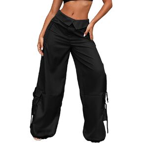 RAISECOM Satin Cargo Pants for Women Lapel Waist Parachute Pants Casual Straight Pants with Flap Pockets