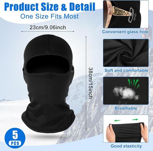 Suhine 5 Pcs Winter Balaclava Ski Mask Windproof Thermal Full Face Mask for Men Women Cold Weather Balaclava Masks with Reflective Stripe Neck Warmer Hood for Cycling Climbing Black in Saudi Arabia