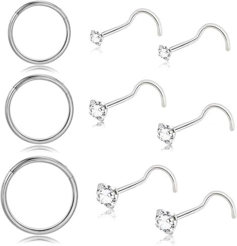 9Pcs 18G 20G Nose Rings Studs: Hinged Hoop Nose Rings for Women Men, Corkscrew Bone L Shaped Nose Studs Hypoallergenic 316L Surgical Steel Nose Piercings Jewelry Small Silver Gold Nose Rings with 1.5/2/3MM Cubic Zirconia in Saudi Arabia