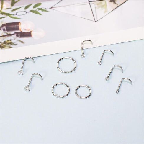 9Pcs 18G 20G Nose Rings Studs: Hinged Hoop Nose Rings for Women Men, Corkscrew Bone L Shaped Nose Studs Hypoallergenic 316L Surgical Steel Nose Piercings Jewelry Small Silver Gold Nose Rings with 1.5/2/3MM Cubic Zirconia in Saudi Arabia