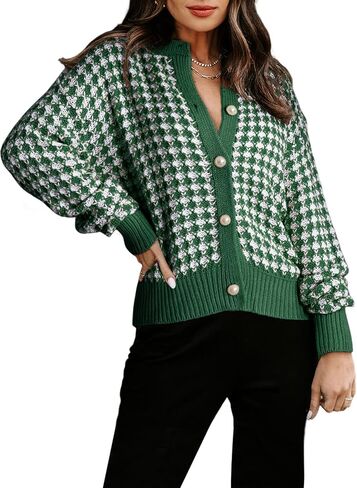 Dokotoo Cardigan Sweaters for Women V Neck Button Down Long Sleeve Plaid Knit Cardigans Sweater Tops in Kuwait