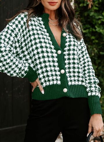 Dokotoo Cardigan Sweaters for Women V Neck Button Down Long Sleeve Plaid Knit Cardigans Sweater Tops in Kuwait