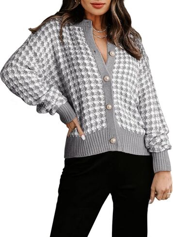 Dokotoo Cardigan Sweaters for Women V Neck Button Down Long Sleeve Plaid Knit Cardigans Sweater Tops in Kuwait