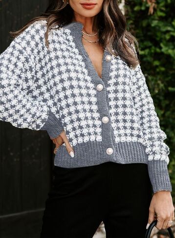 Dokotoo Cardigan Sweaters for Women V Neck Button Down Long Sleeve Plaid Knit Cardigans Sweater Tops in Kuwait