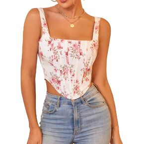 KUTUMAI Women's Summer Floral Corset Crop Top Strap Boned Bustier Cute Zip Back Party Bodyshaper