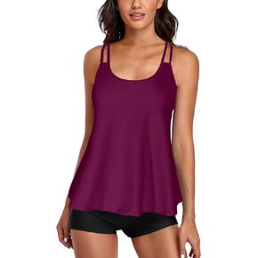 UNIQWETO Tummy Control Tankini Swimsuits for Women's 2 Piece Bikini Bathing Suits Long Tank Top with Boyshorts