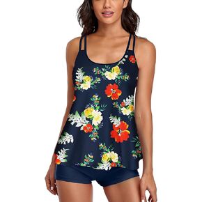 UNIQWETO Tummy Control Tankini Swimsuits for Women's 2 Piece Bikini Bathing Suits Long Tank Top with Boyshorts