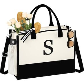 Mothers Day Gifts for Women - Initial Canvas Tote Bag for Women, Personalized Birthday Gifts for Mom Friends Teacher