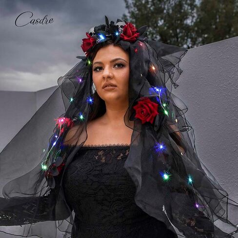 CASDRE Black Veil Skull Headband Day of the Dead Veil LED Hair Hoop Rose Flower Headpiece Light up Halloween Hair Accessories for Women and Girls in Saudi Arabia