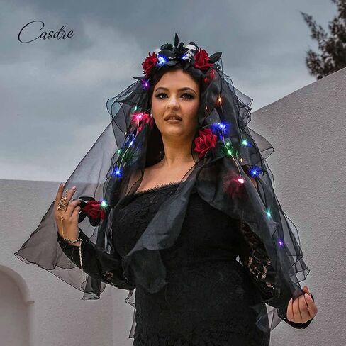 CASDRE Black Veil Skull Headband Day of the Dead Veil LED Hair Hoop Rose Flower Headpiece Light up Halloween Hair Accessories for Women and Girls in Saudi Arabia