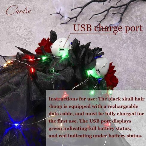 CASDRE Black Veil Skull Headband Day of the Dead Veil LED Hair Hoop Rose Flower Headpiece Light up Halloween Hair Accessories for Women and Girls in Saudi Arabia