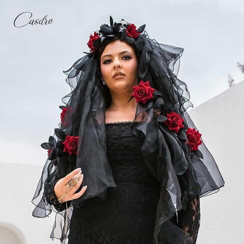 CASDRE Black Veil Skull Headband Day of the Dead Veil LED Hair Hoop Rose Flower Headpiece Light up Halloween Hair Accessories for Women and Girls in Saudi Arabia