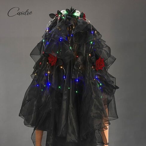 CASDRE Black Veil Skull Headband Day of the Dead Veil LED Hair Hoop Rose Flower Headpiece Light up Halloween Hair Accessories for Women and Girls in Saudi Arabia