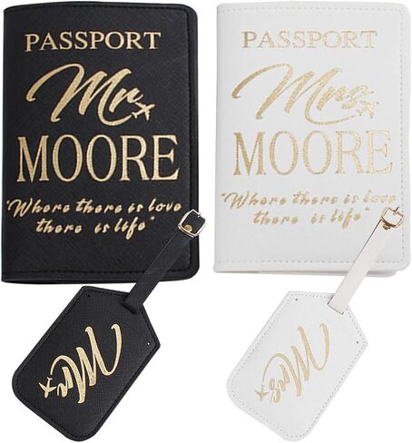 Syiomlis Mr and Mrs Luggage Tags couples passport holder set,Bridal Shower Gifts, honeymoon Engagement Gift, Anniversary, Newlywed, Bride Groom, his and her passport holder (Golden) in Kuwait