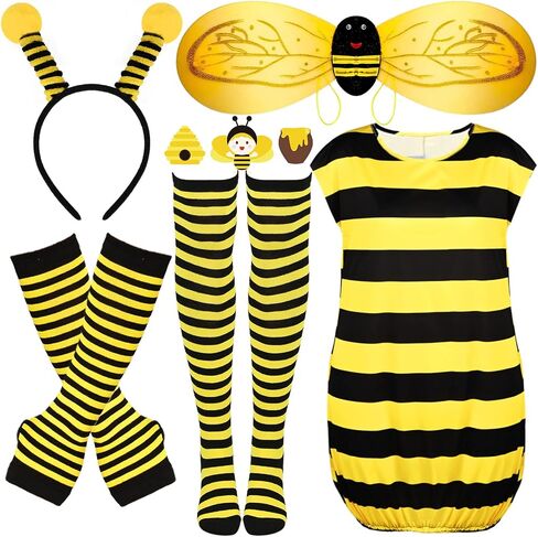 Matiniy Bee Costume Set for Women,Bee Bopper Headband,Arm Warmers,Knee Tights,Bee wings,Bee Dress for Halloween Cosplay in Saudi Arabia