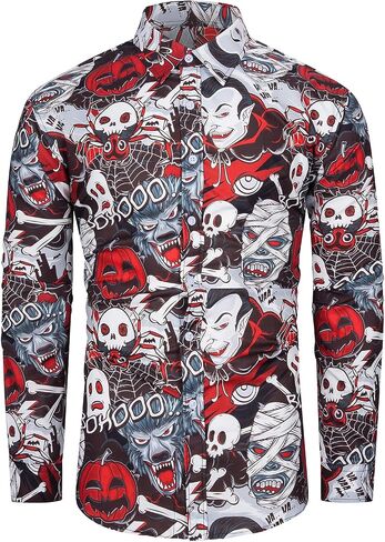 fohemr Mens Funny Halloween Shirt Ugly Pumpkin Long Sleeve Casual Button Down Shirts Adult Costume for Party in Kuwait