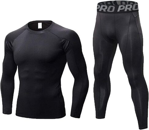 LANBAOSI Mens Workout Compression Set Pants and Long Sleeve Shirts Winter Warm Thermal Baselayer Top & Bottom in Kuwait