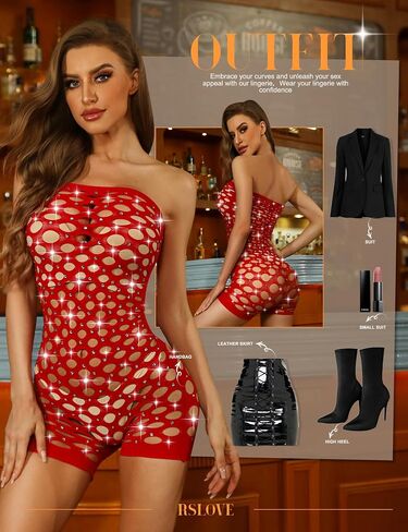 RSLOVE Women Lingerie Fishnet Bodysuit Sexy Sparkle Rhinestone Hollow Out Romper Without Liner in Saudi Arabia