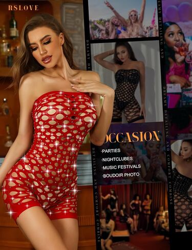 RSLOVE Women Lingerie Fishnet Bodysuit Sexy Sparkle Rhinestone Hollow Out Romper Without Liner in Saudi Arabia