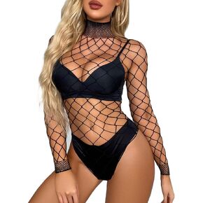 Eyret Fishnet Bodystocking Long Sleeve Mesh Bodysuit Party Rave Fishnet Mesh Lingeries Bodysuits for Women and Girls
