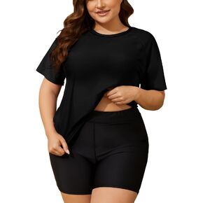 ملابس سباحة للسيدات من COOTRY مكونة من قطعتين مقاس كبير من Rash Guard بأكمام قصيرة وقميص سباحة وشورت بعامل حماية من الأشعة فوق البنفسجية 50+