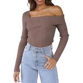 LILLUSORY Women's Off Shoulder Sweaters 2023 Fall Long Sleeve Knitted Lightweight Going Out Pullover Sweater Tops