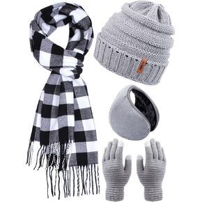 Aneco Winter Warm Knitted Sets Buffalo Plaid Scarf Beanie Hat Touch Screen Gloves and Winter Ear Warmer Set for Men or Women