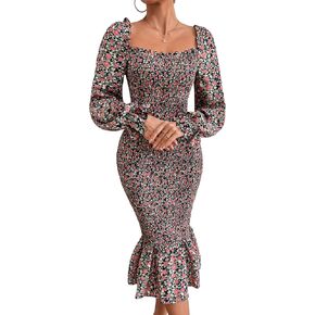 PRETTYGARDEN Women's Long Puff Sleeve Floral Midi Bodycon Dresses Square Neck Ruffle Mermaid Smocked Dress in Saudi Arabia
