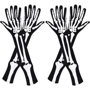 JOVITEC 2 Pairs Skeleton Gloves Skull Gloves Long Arm Full Finger Skull Bone Gloves for Halloween Cosplay Parties