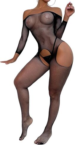 WDIRARA Women's Mesh Bodystocking Off The Shoulder Fishnet Bodysuit Tights Lingerie in Saudi Arabia