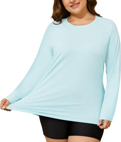 قمصان نسائية مقاس كبير للشمس من COOTRY بعامل حماية من الأشعة فوق البنفسجية 50+ حماية من الأشعة فوق البنفسجية وأكمام طويلة وواقي من الطفح الجلدي سريع الجفاف للتمرين والمشي لمسافات طويلة وصيد الأسماك قميص السباحة in Kuwait