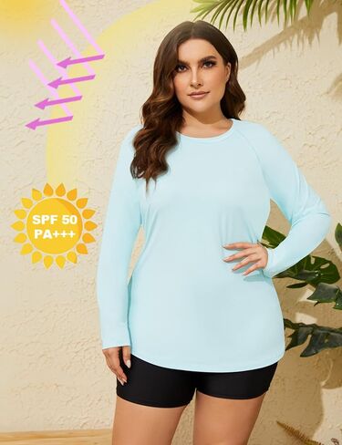 قمصان نسائية مقاس كبير للشمس من COOTRY بعامل حماية من الأشعة فوق البنفسجية 50+ حماية من الأشعة فوق البنفسجية وأكمام طويلة وواقي من الطفح الجلدي سريع الجفاف للتمرين والمشي لمسافات طويلة وصيد الأسماك قميص السباحة in Kuwait