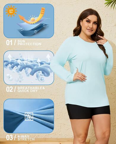 قمصان نسائية مقاس كبير للشمس من COOTRY بعامل حماية من الأشعة فوق البنفسجية 50+ حماية من الأشعة فوق البنفسجية وأكمام طويلة وواقي من الطفح الجلدي سريع الجفاف للتمرين والمشي لمسافات طويلة وصيد الأسماك قميص السباحة in Kuwait