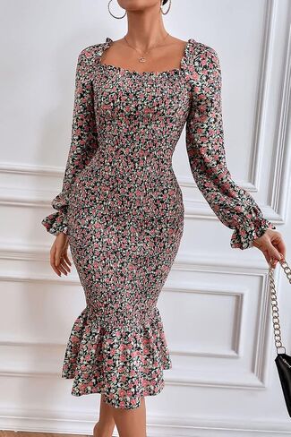 فستان نسائي من PRETTYGARDEN بأكمام طويلة منتفخة ومزين بالزهور متوسط ​​الطول ورقبة مربعة مكشكشة على شكل حورية البحر in Saudi Arabia