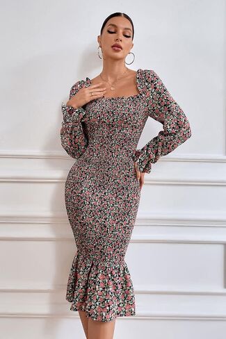 فستان نسائي من PRETTYGARDEN بأكمام طويلة منتفخة ومزين بالزهور متوسط ​​الطول ورقبة مربعة مكشكشة على شكل حورية البحر in Saudi Arabia