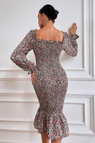 فستان نسائي من PRETTYGARDEN بأكمام طويلة منتفخة ومزين بالزهور متوسط ​​الطول ورقبة مربعة مكشكشة على شكل حورية البحر in Saudi Arabia
