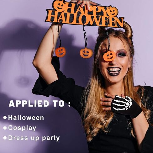 Whaline 4 أزواج من قفازات الهيكل العظمي البيضاء، قفازات عظمة الهالوين للبالغين، تتوهج في الظلام، قفازات محبوكة للجنسين، إصبع كامل ونصف إصبع، للحفلات التنكرية، الكوسبلاي، ركوب الدراجات، الجري، أسود in Kuwait