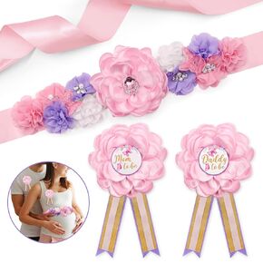 مجموعة وشاح الأمومة والصدر على شكل فراشة وردية من Vansolinne، مجموعة Mom to Be Sash Daddy to Be Corsage لتزيين حمام الطفل، حزام البطن الوردي والأرجواني للفتيات، حزام البطن الوردي والأرجواني، يكشف عن هدية تذكارية لصور الحمل