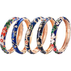 UJOY Bangles 5 Pcs Enamel Jewelry Set Rose Gold Flower Engraved Cloisonne Bracelets Pack in a Box 5PCS