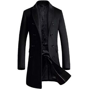 Minibee Men's Woolen Trench Coat Double Breasted Slim Fit Winter Overcoat Long Jacket Business Pea Jacket