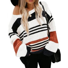 KIRUNDO 2023 Fall Winter Women's Striped Color Block Short Sweater Long Sleeve Crew Neck Casual Loose Knit Pullover Tops