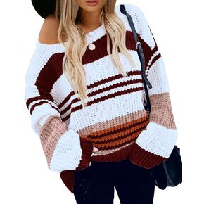 KIRUNDO 2023 Fall Winter Women's Striped Color Block Short Sweater Long Sleeve Crew Neck Casual Loose Knit Pullover Tops in Kuwait